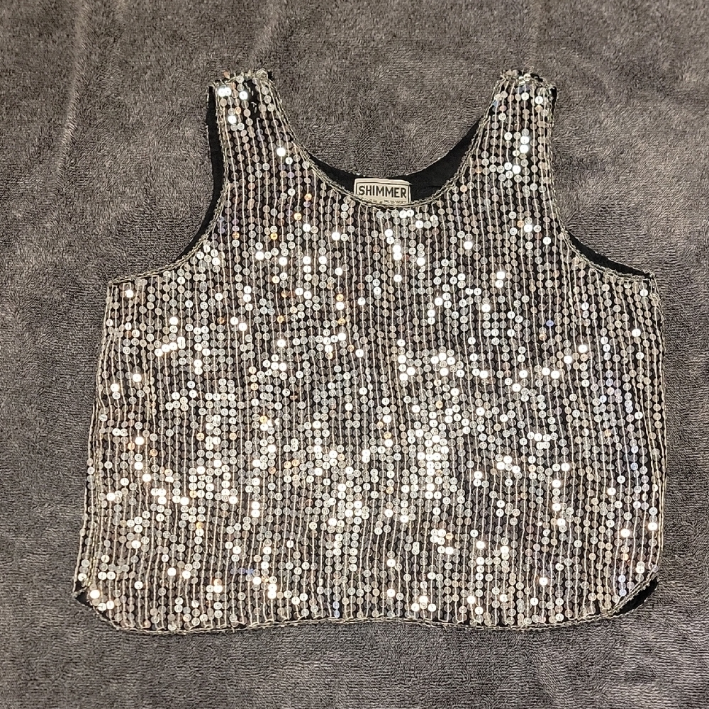 Shimmer New York Silver Sequin Women's Top With Beaded Seams Small R.N. 77822